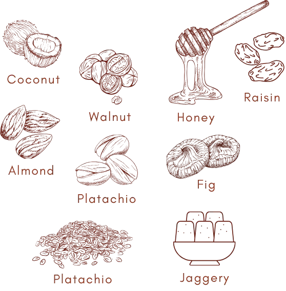 Coconut, walnut, honey, raisin, almond, pistachio, fig, oats, and jaggery ingredient illustrations